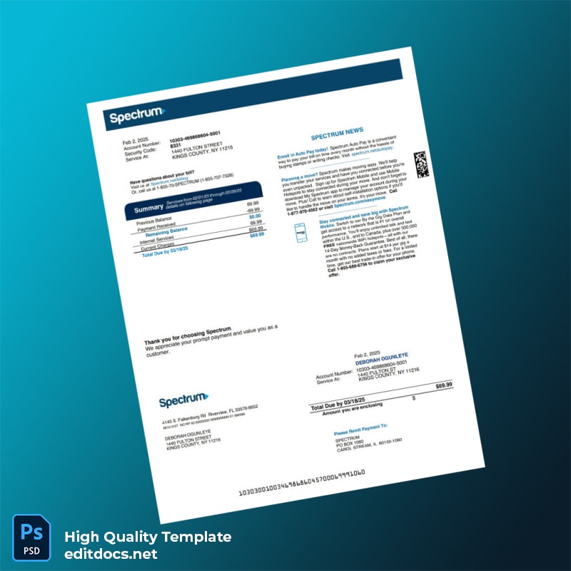 United States Spectrum Editable Utility Bill Template in Word and PDF formats