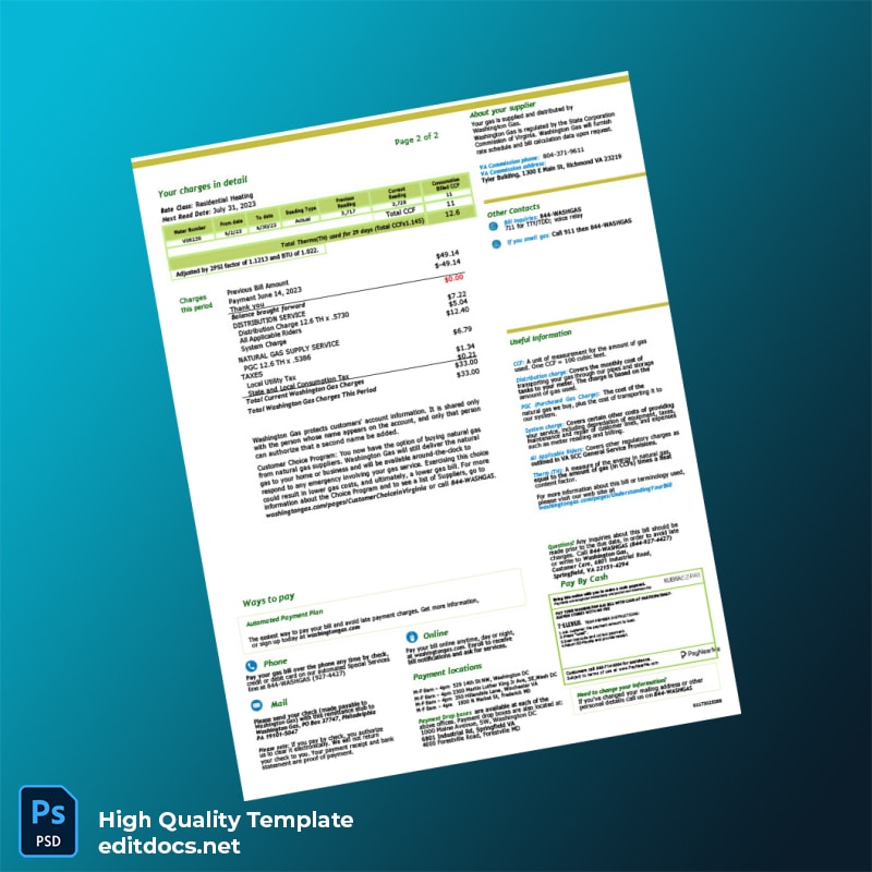 United States Washington Gas Editable Gas Bill Template in Word and PDF formats page 2