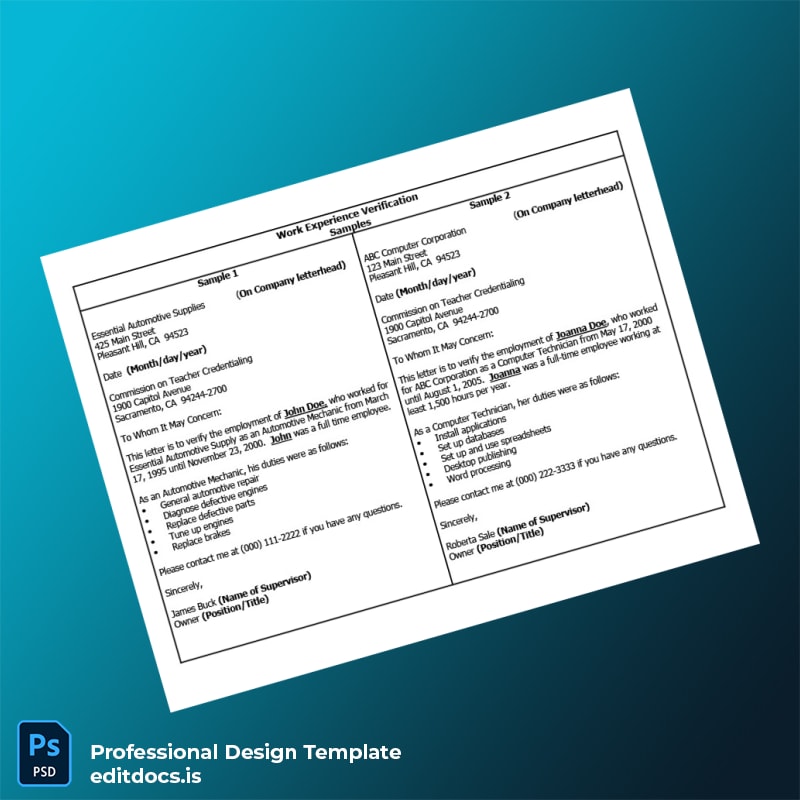 Editable United States Work Experience Verification Letter Template (Word&PDF) Page Preview - EditDocs