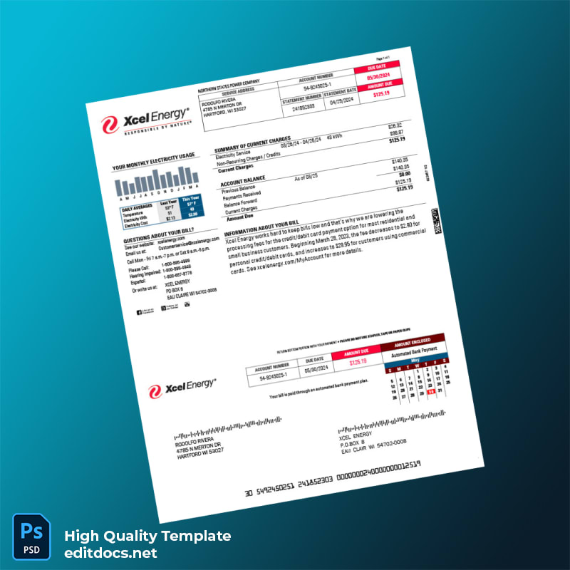 United States Xcel Energy Editable Utility Bill Template in Word and PDF formats