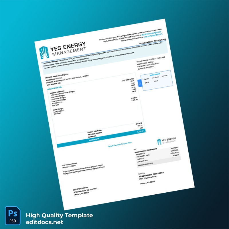 United States YES Energy Management Editable Utility Bill Template in Word and PDF formats