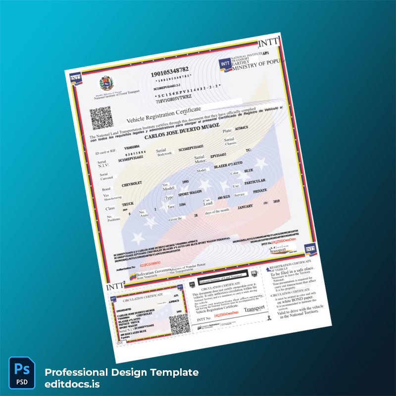 Editable Venezuela National Institute of Land Transportation Vehicle Registration Certificate Template in Word and PDF formats page 2 Page Preview