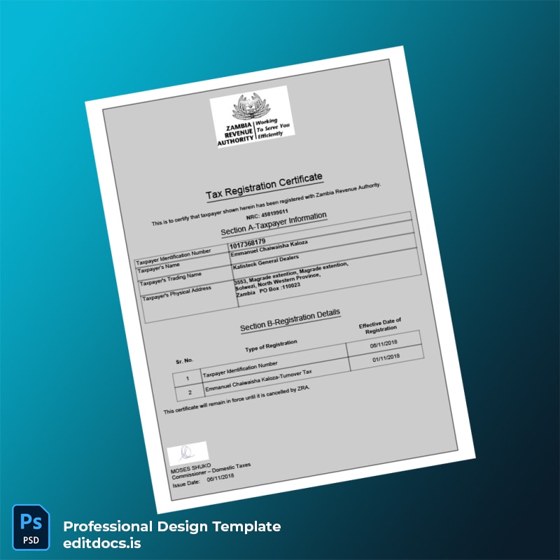 Editable Zambia Revenue Authority Tax Registration Certificate Template (Word&PDF) Page Preview