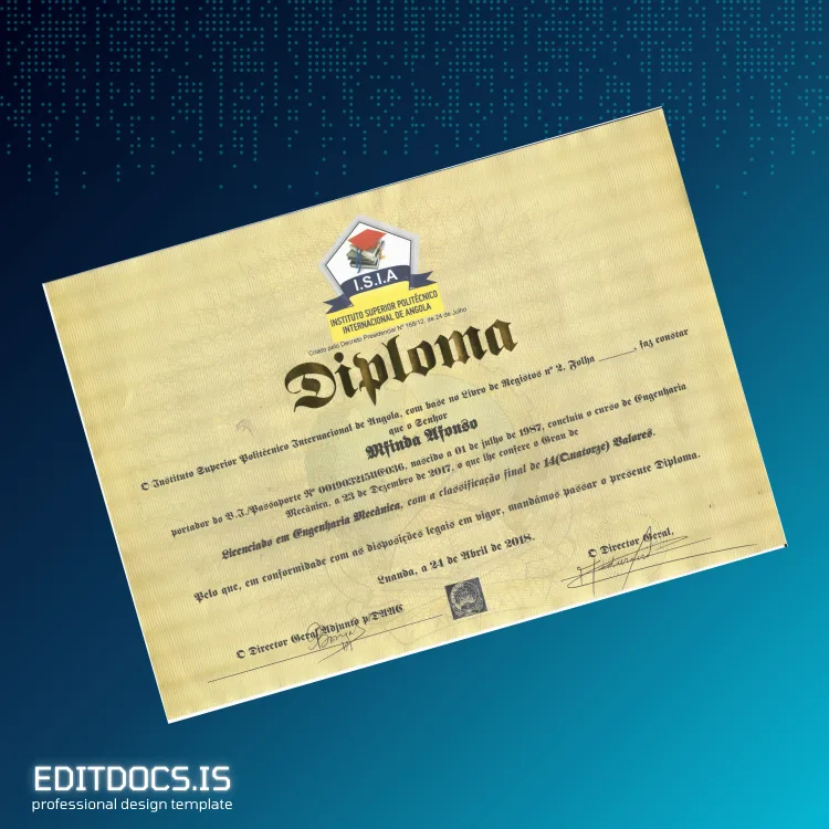 Editable Angola Instituto Superior Politécnico Internacional Diploma in Mechanical Engineering Page Preview - EditDocs