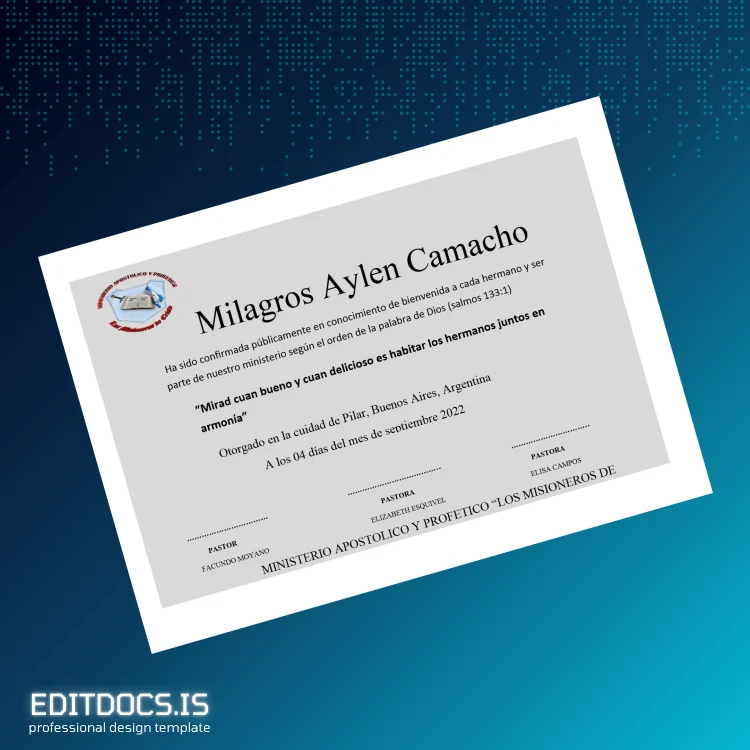 Editable Argentina Apostolic and Prophetic Ministry _Los Misioneros de Cristo_ Welcome Diploma Page Preview - EditDocs