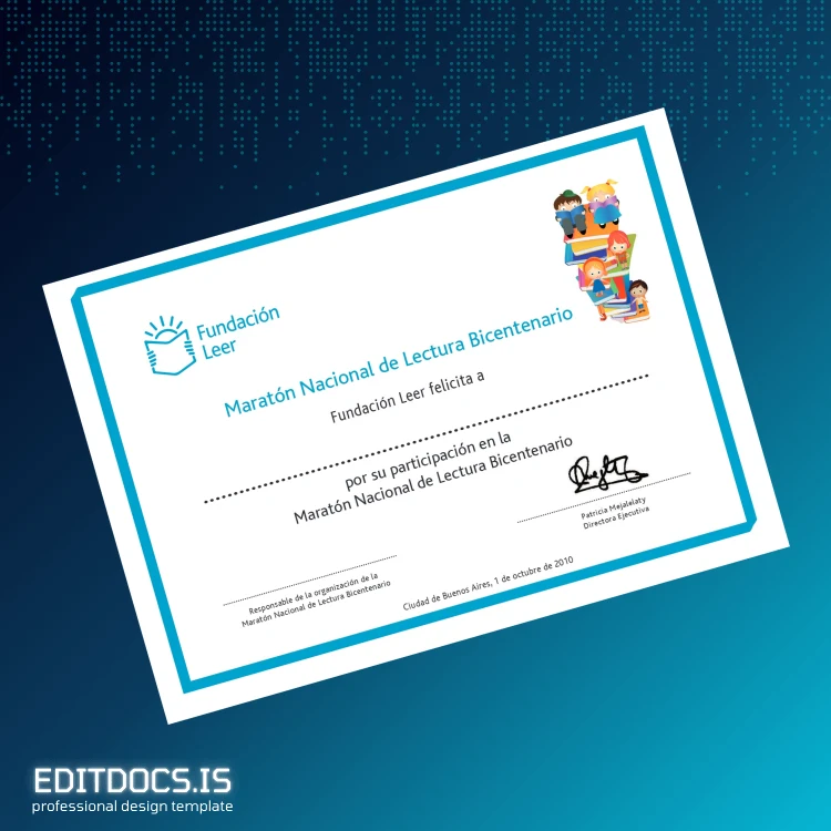 Editable Argentina Fundación Leer Participation Certificate in the Bicentennial National Reading Marathon Page Preview - EditDocs