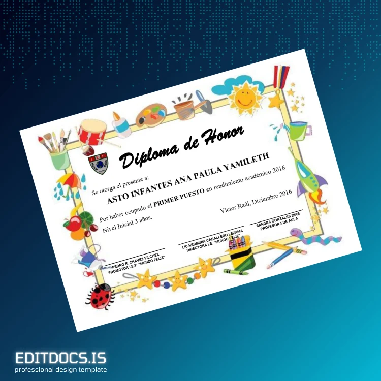 Editable Argentina Mundo Feliz Honorary Diploma in Initial Education 3 Years Page Preview - EditDocs