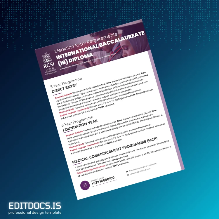 Editable Bahrain RCSI Medical University Bachelor of International Baccalaureate Diploma Page Preview - EditDocs
