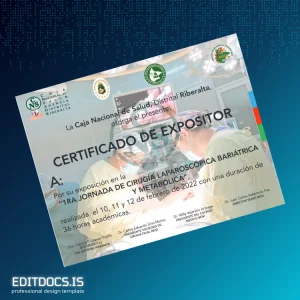 Editable Bolivia Caja Nacional de Salud District Riberalta Expositor Certificate Page Preview - EditDocs