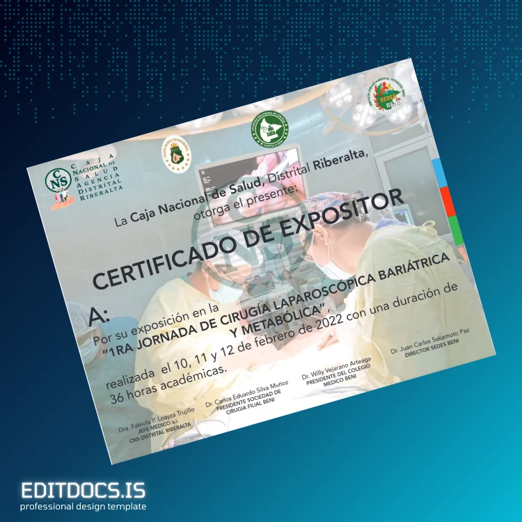 Editable Bolivia Caja Nacional de Salud District Riberalta Expositor Certificate Page Preview - EditDocs