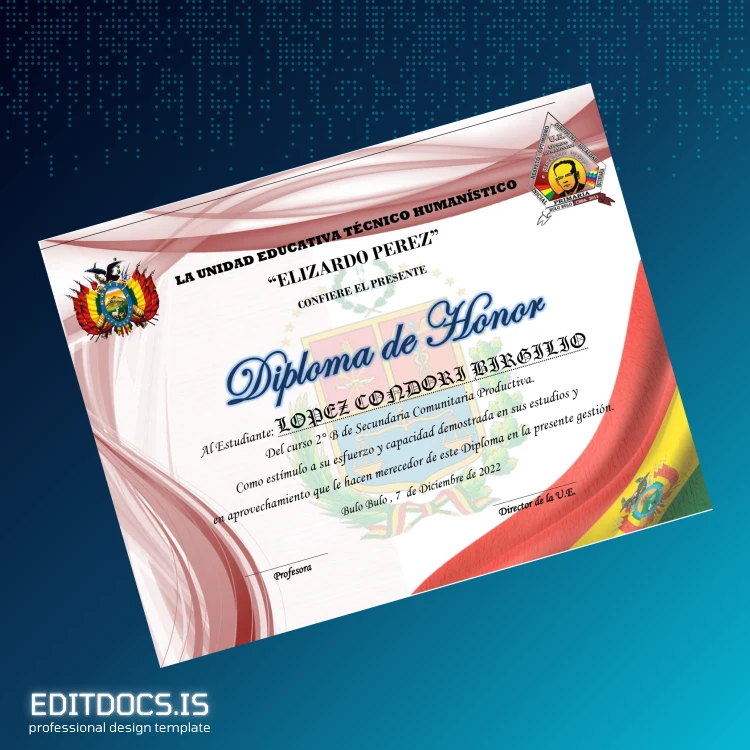 Editable Bolivia Elizardo Pérez Technical Humanistic Educational Unit Diploma page 3 Page Preview - EditDocs