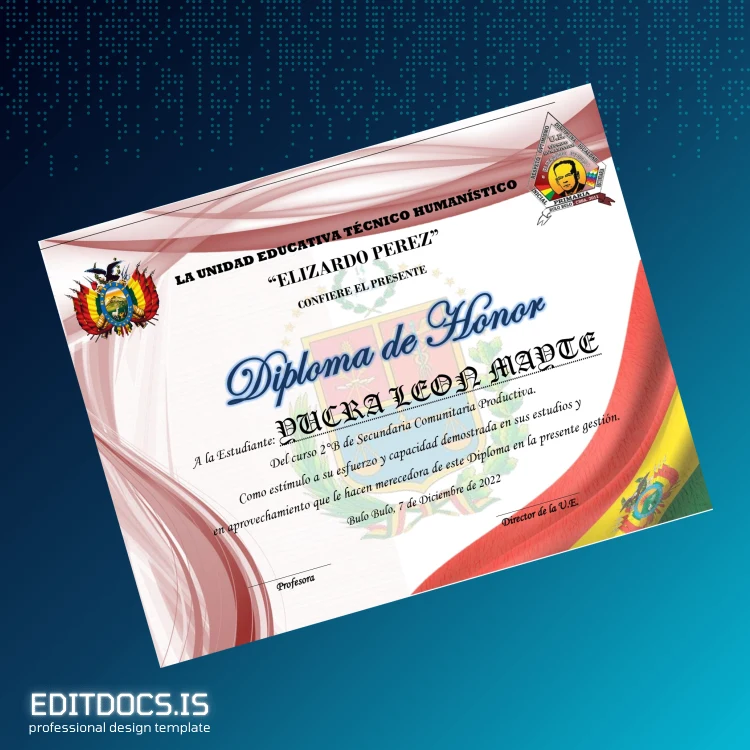 Editable Bolivia Elizardo Pérez Technical Humanistic Educational Unit Diploma page 4 Page Preview - EditDocs