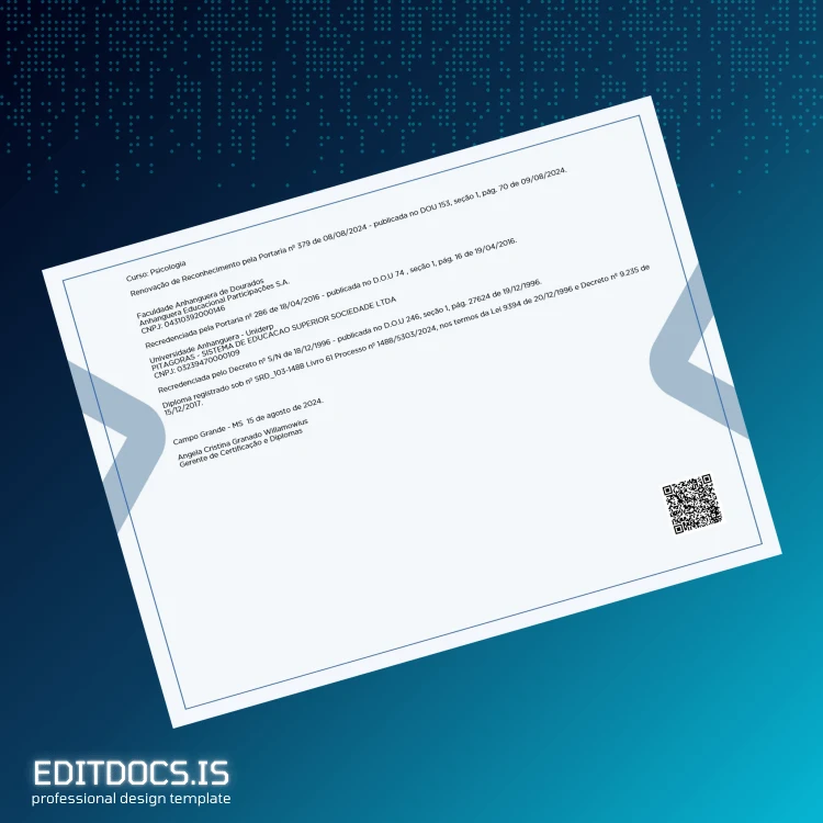 Editable Brazil Anhanguera University Psychology Bachelor Degree Certificate page 2 Page Preview - EditDocs