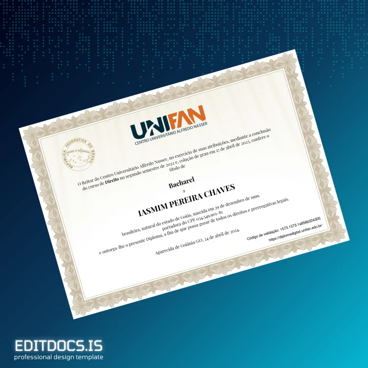 Editable Brazil Centro Universitário Alfredo Nasser Bachelor of Law Diploma Page Preview - EditDocs