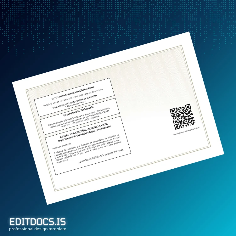 Editable Brazil Centro Universitário Alfredo Nasser Bachelor of Laws Diploma Template page 2 Page Preview - EditDocs