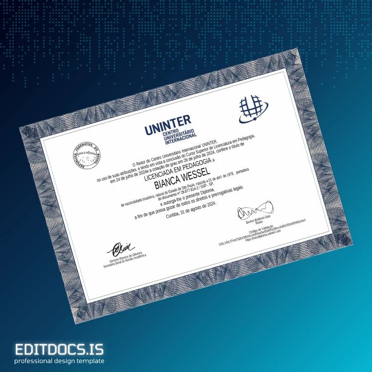 Editable Brazil Centro Universitário Internacional UNINTER Bachelor of Education in Pedagogy Template Page Preview - EditDocs