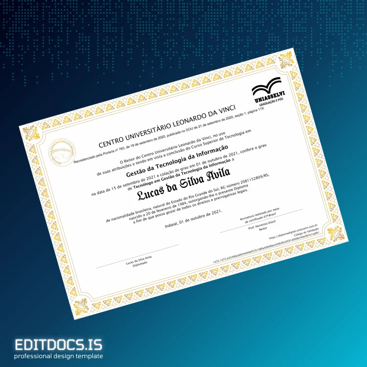 Editable Brazil Centro Universitário Leonardo da Vinci Technology Degree in Information Technology Diploma Page Preview - EditDocs
