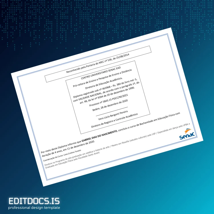 Editable Brazil Centro Universitário Senac Bachelor of Physical Education Diploma page 2 Page Preview - EditDocs