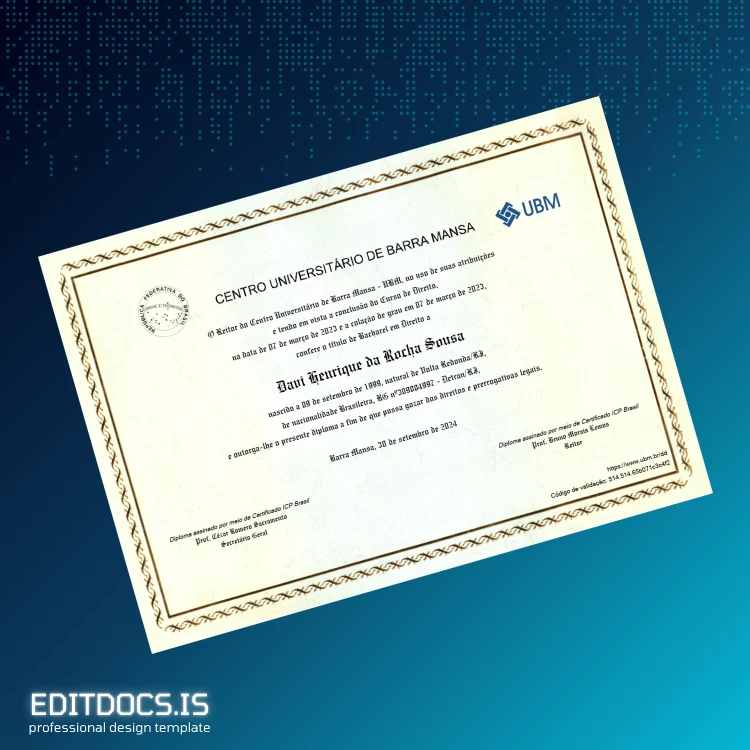 Editable Brazil Centro Universitário de Barra Mansa Bachelor of Laws Diploma Page Preview - EditDocs