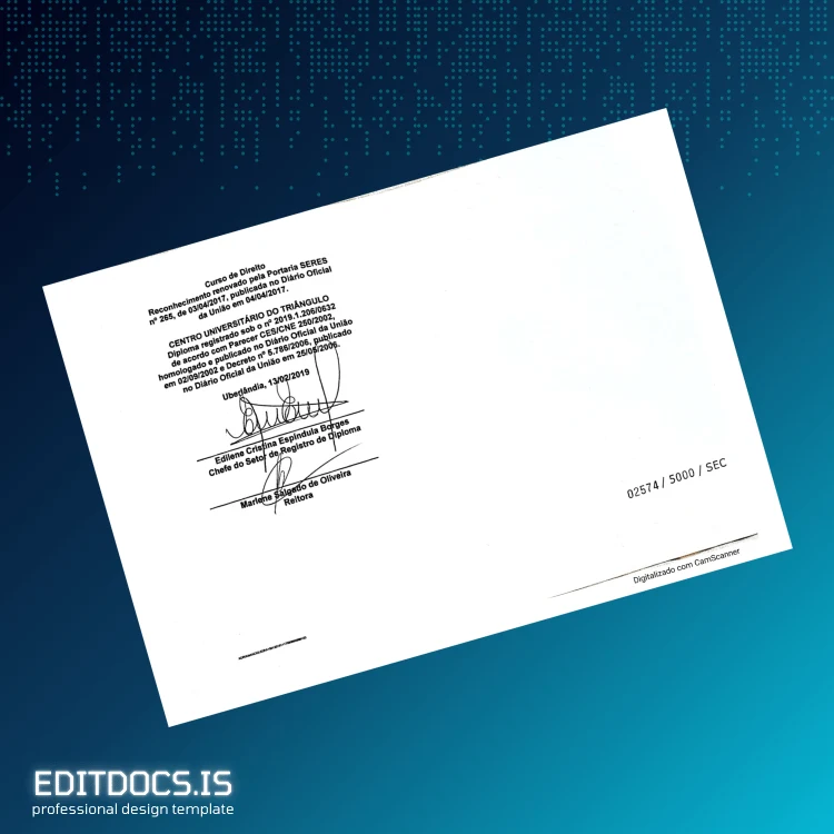 Editable Brazil Centro Universitário do Triângulo Bachelor of Law Diploma page 2 Page Preview - EditDocs