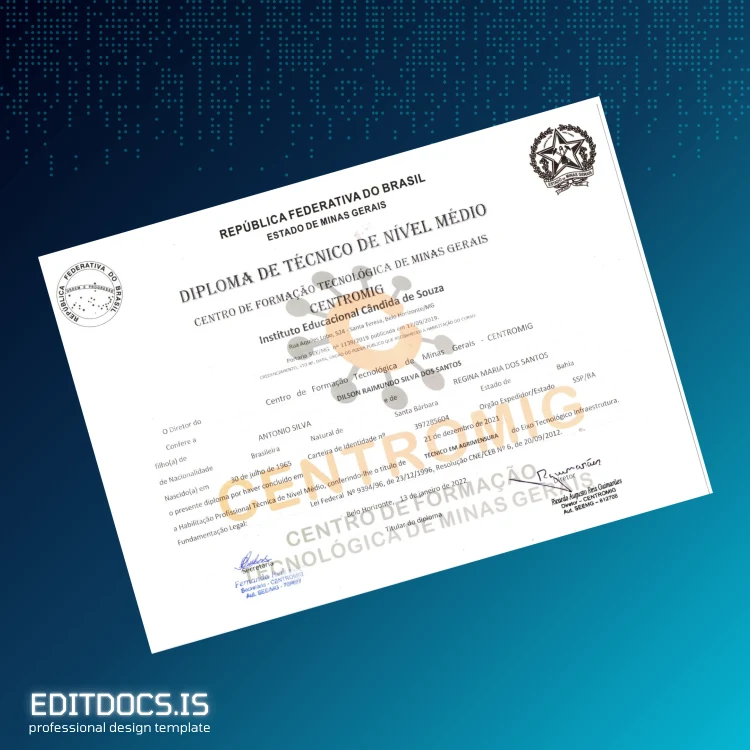 Editable Brazil Centro de Formação Tecnológica de Minas Gerais Technical Diploma Template Page Preview - EditDocs
