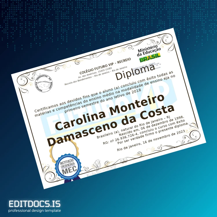 Editable Brazil Colégio Futuro VIP High School Diploma Template Page Preview - EditDocs