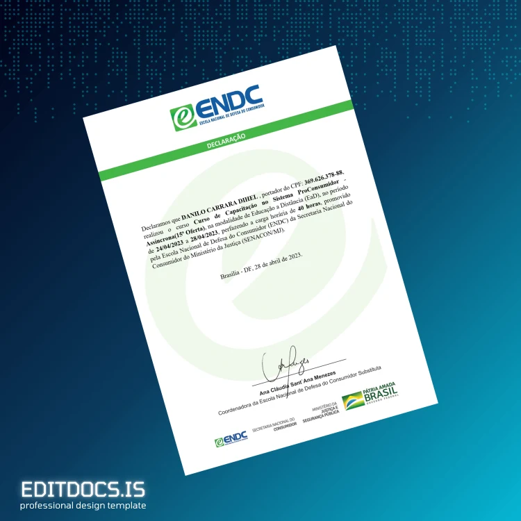 Editable Brazil Escola Nacional de Defesa do Consumidor ProConsumidor Training Certificate Page Preview - EditDocs