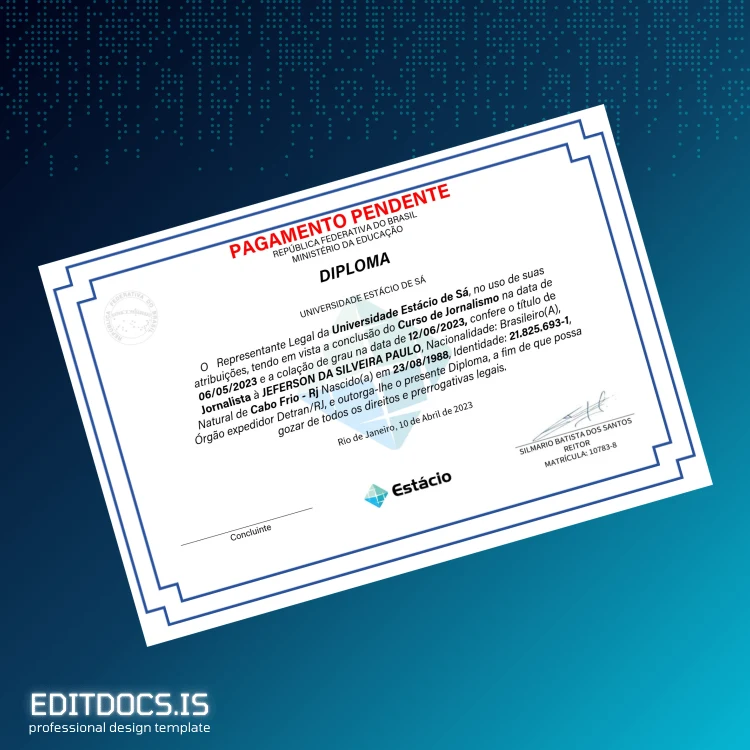 Editable Brazil Estácio de Sá University Journalist Diploma Template Page Preview - EditDocs