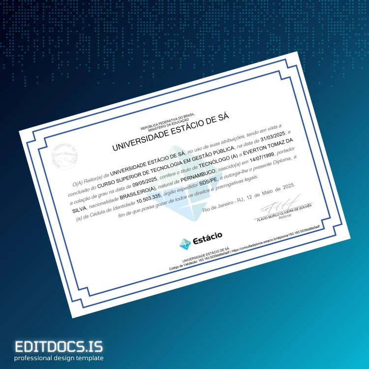 Editable Brazil Estácio de Sá University Technologist Diploma in Public Management Page Preview - EditDocs