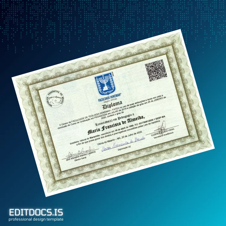 Editable Brazil Faculdade de Teologia Hokkien Bachelor Diploma Template Page Preview - EditDocs