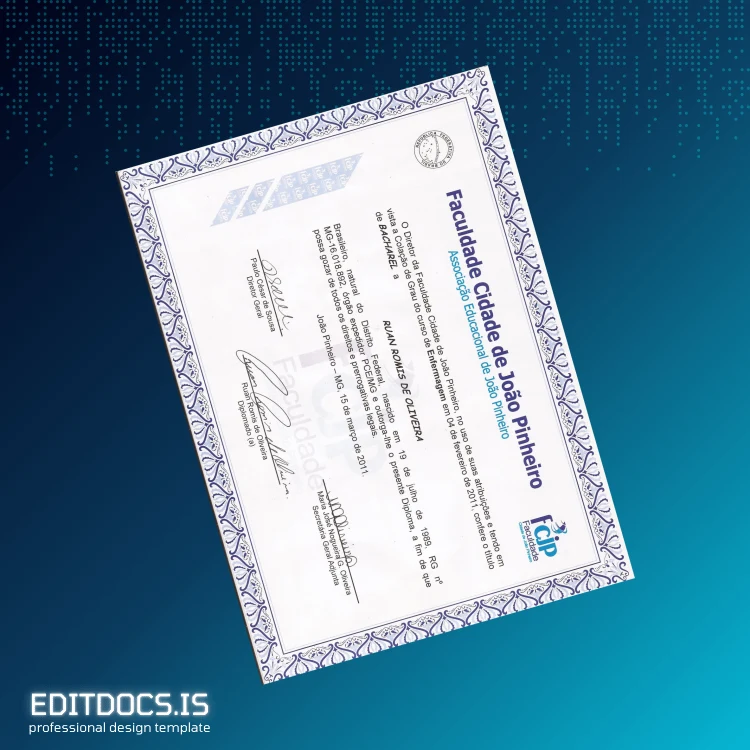 Editable Brazil Faculty City of João Pinheiro Bachelor of Nursing Diploma Template Page Preview - EditDocs