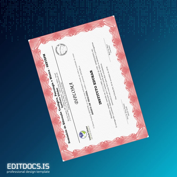 Editable Brazil Instituto Edukar Basic Theology Diploma Template Page Preview - EditDocs