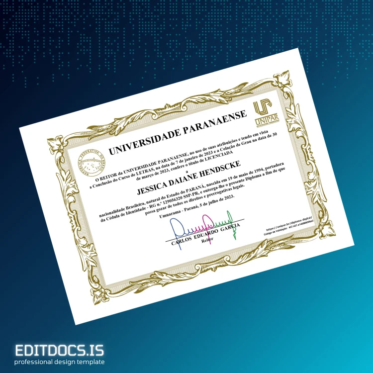 Editable Brazil Universidade Paranaense Bachelor of Arts Degree Template Page Preview - EditDocs