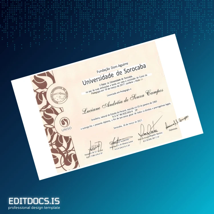 Editable Brazil Universidade de Sorocaba Bachelor of Pedagogy Diploma Template Page Preview - EditDocs