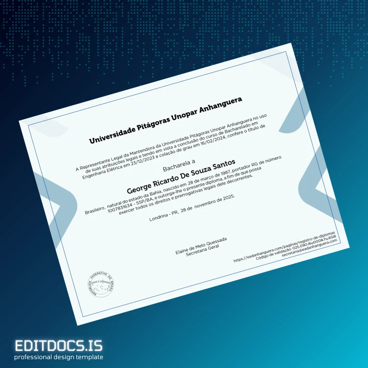 Editable Brazil University Pitágoras Unopar Anhanguera Bachelor of Engineering in Electrical Engineering Template Page Preview - EditDocs