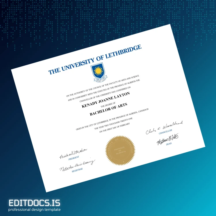 Editable Canada University of Lethbridge Bachelor of Arts Template Page Preview - EditDocs