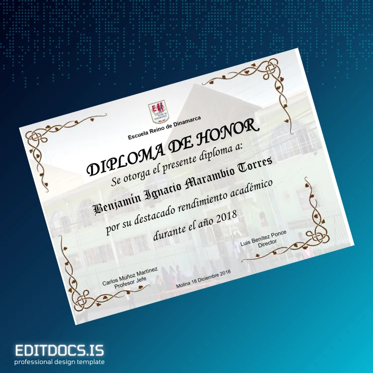 Editable Chile Escuela Reino de Dinamarca Honor Diploma Template page 2 Page Preview - EditDocs