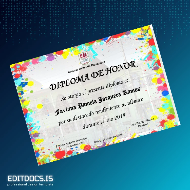 Editable Chile Escuela Reino de Dinamarca Honor Diploma Template Page Preview - EditDocs