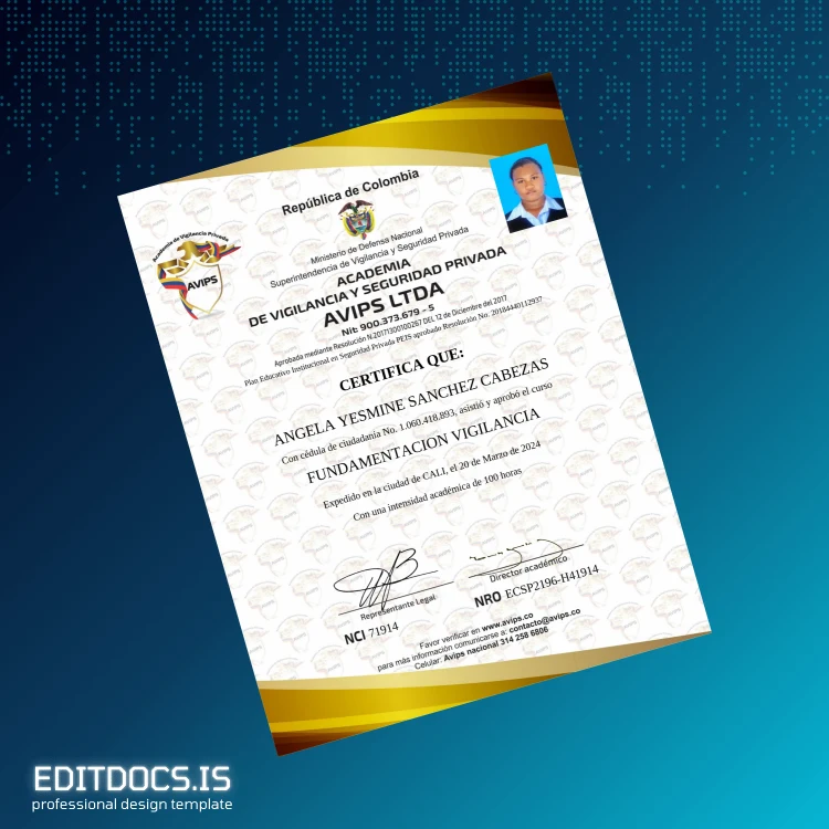 Editable Colombia AVIPS LTDA Diploma in Fundamental Surveillance Page Preview - EditDocs