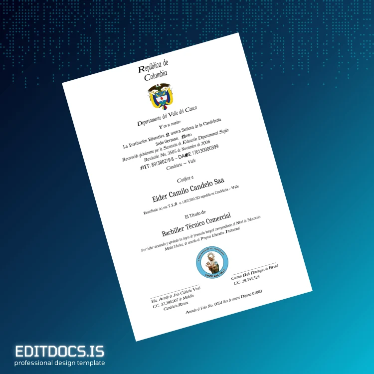 Editable Colombia Candelaria Valle Technical Bachelor Diploma Page Preview - EditDocs