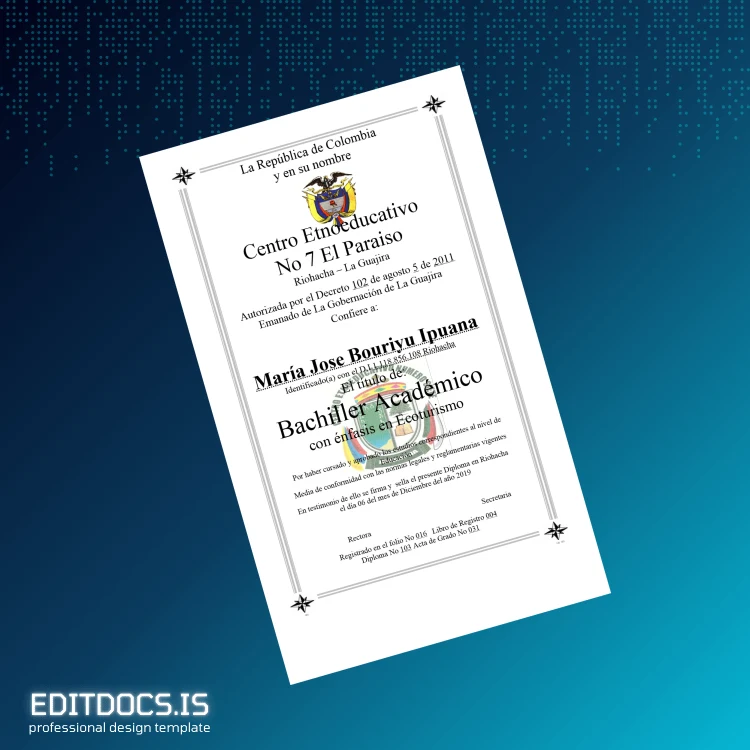 Editable Colombia Centro Etnoeducativo No 7 El Paraiso High School Diploma in Ecotourism Page Preview - EditDocs