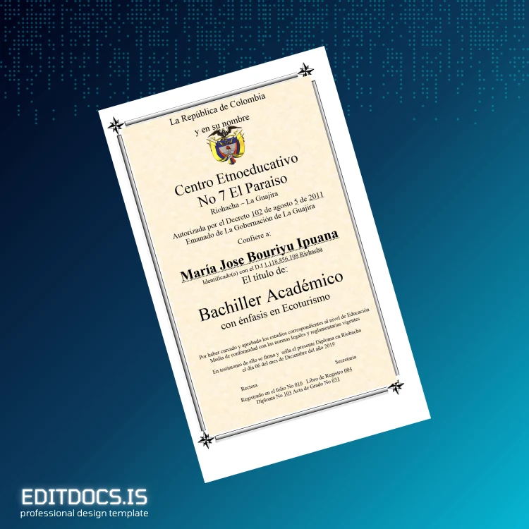 Editable Colombia Centro Etnoeducativo No 7 El Paraiso High School Diploma with Emphasis in Ecotourism Page Preview - EditDocs