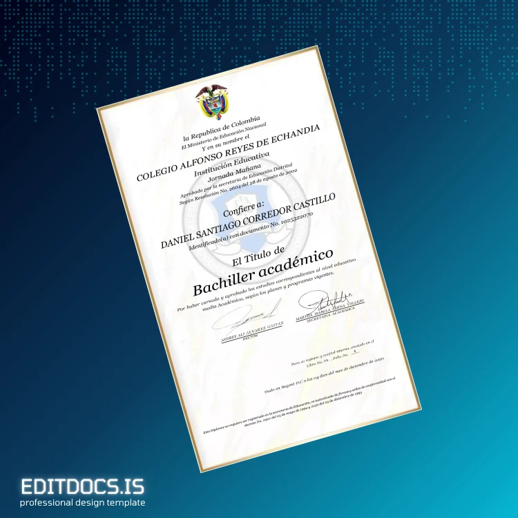 Editable Colombia Colegio Alfonso Reyes de Echan dia High School Diploma Page Preview - EditDocs
