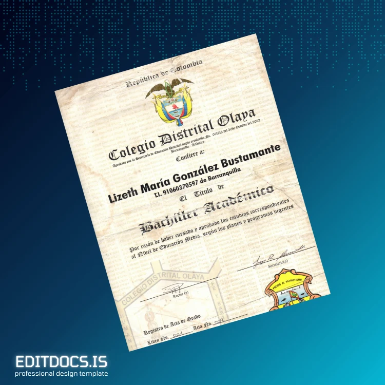 Editable Colombia Colegio Distrital Olaya Academic Bachelor Certificate Page Preview - EditDocs
