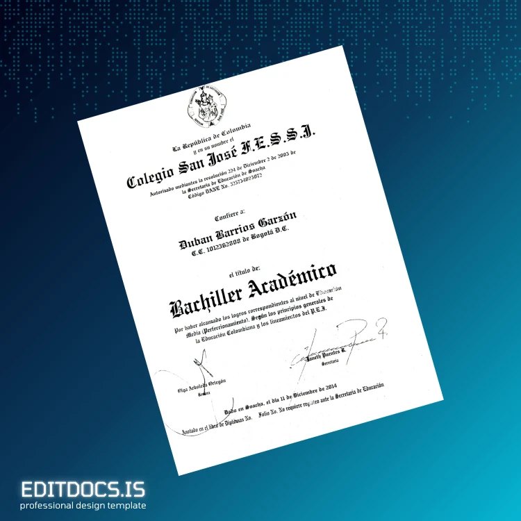 Editable Colombia Colegio San José F.E.S.S.I. High School Diploma Page Preview - EditDocs