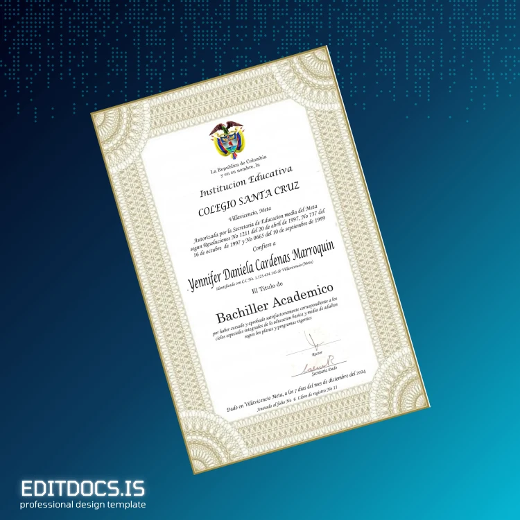 Editable Colombia Colegio Santa Cruz High School Diploma Page Preview - EditDocs