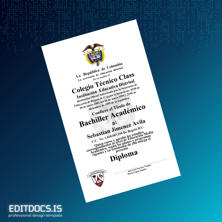 Editable Colombia Colegio Técnico Class High School Diploma Page Preview - EditDocs
