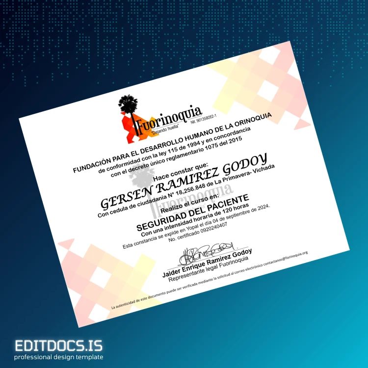 Editable Colombia Fundación para el Desarrollo Humano de la Orinoquia Certificate in Patient Safety Page Preview - EditDocs