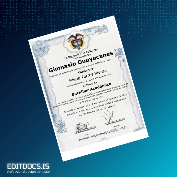 Editable Colombia Gimnasio Guayacanes High School Diploma Page Preview - EditDocs