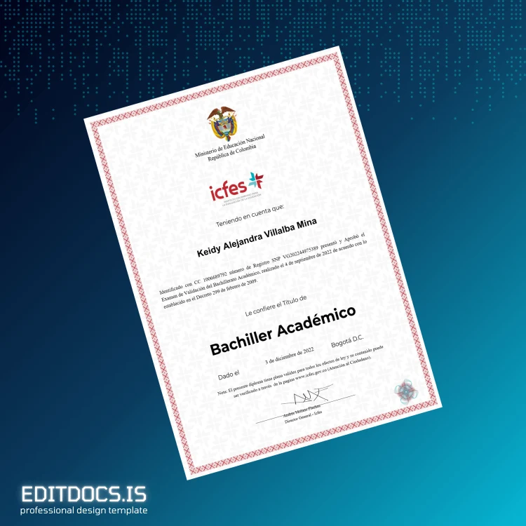 Editable Colombia Icfes Academic High School Diploma Page Preview - EditDocs